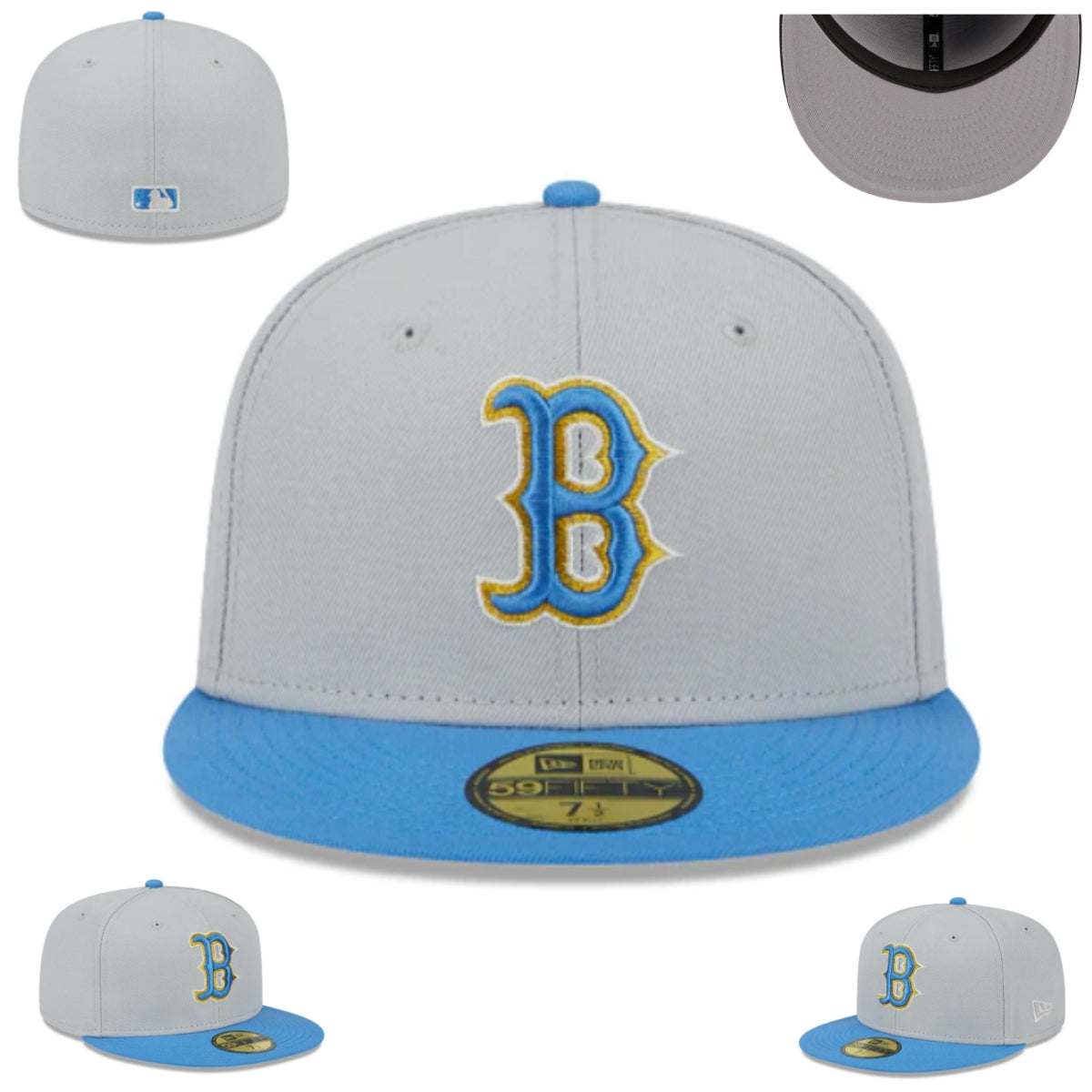 Boston Red Sox Light Gray and Blue Fitted Hat with Gold and Blue Embroidered Logo